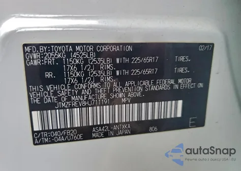 2017 Toyota Rav4 Le z USA, uszkodzony, nr VIN JTMZFREV8HJ711191